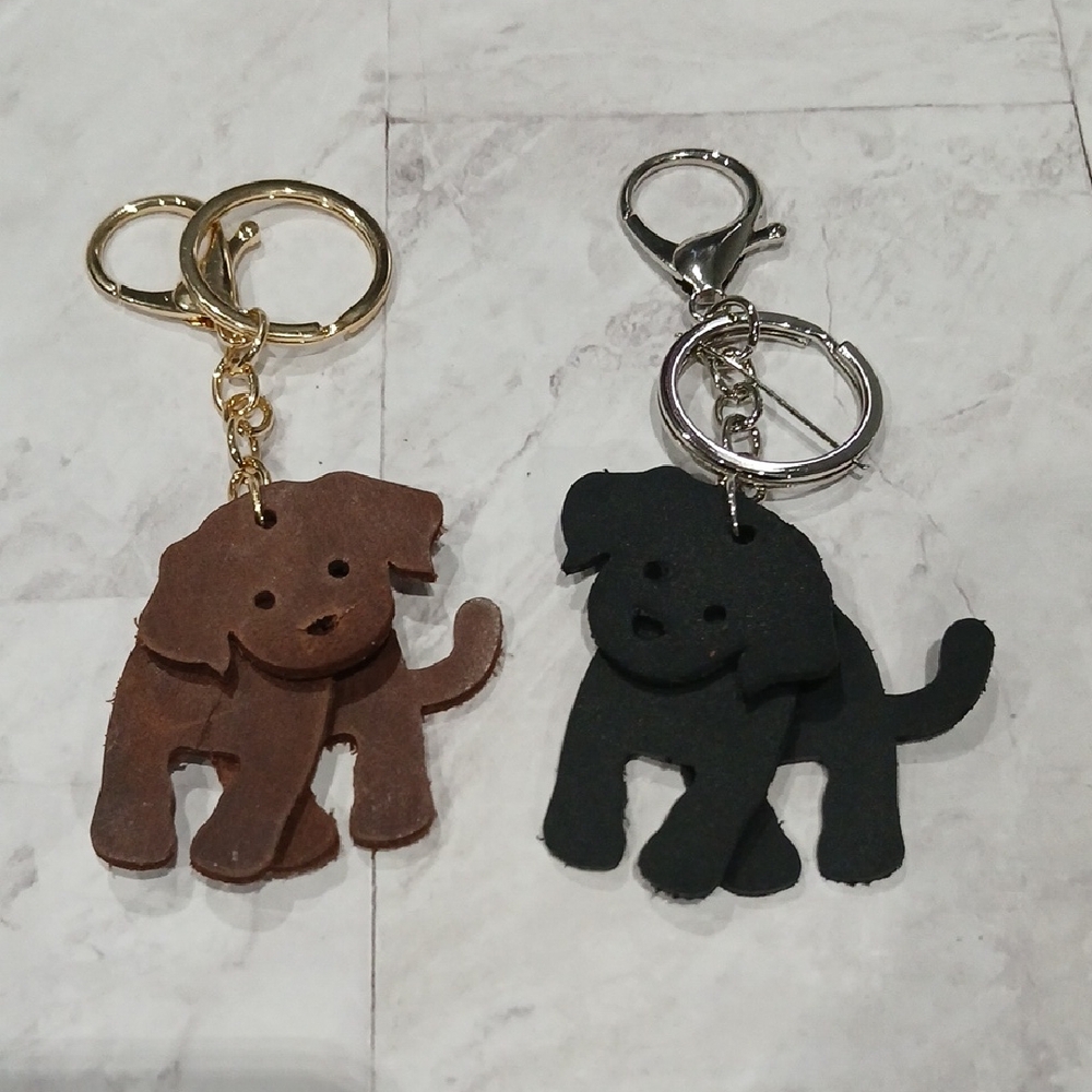 Cute Genuine Leather Dog Bag Charm Keychain - Black